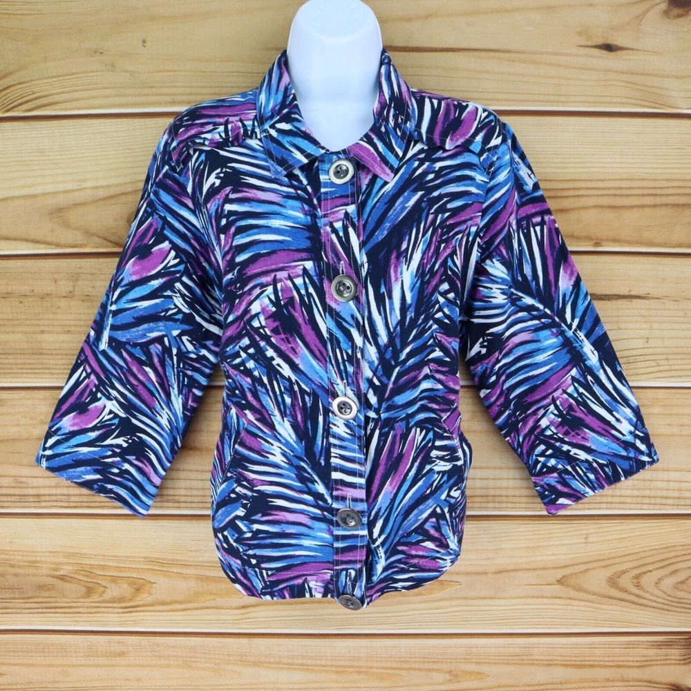 Christopher & Banks Jacket 3/4 Sleeves Womens M Multicolor Leaves Linen Pockets
